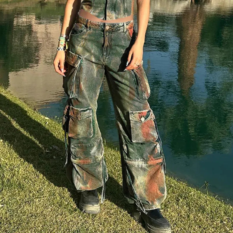 Retro gradient colour cargo denim trousers with multiple pockets and loose fit street style
