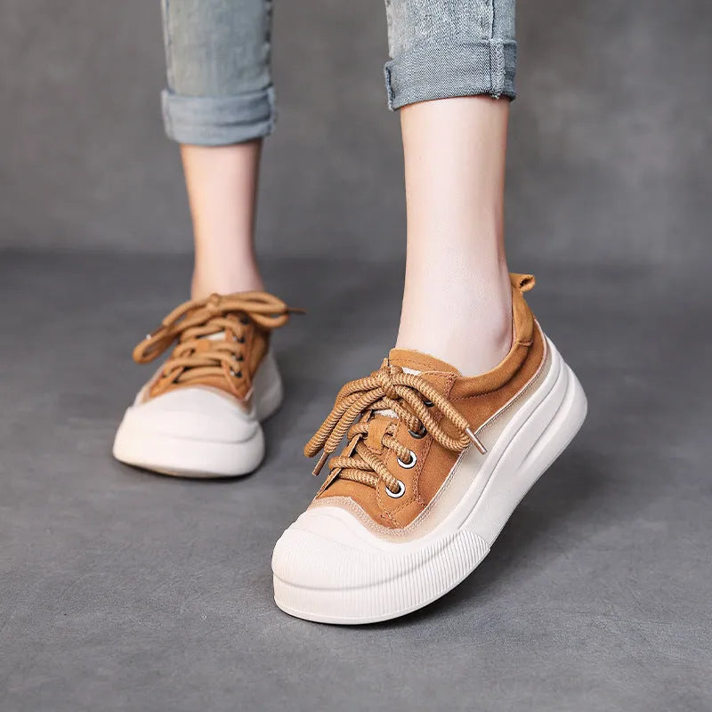 Women's yellow and brown cow leather lace-up casual shoes with round toe and rubber sole