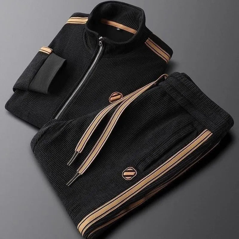 Men's brown synthetic fibre blend striped sportswear set with long-sleeve jacket and long pants