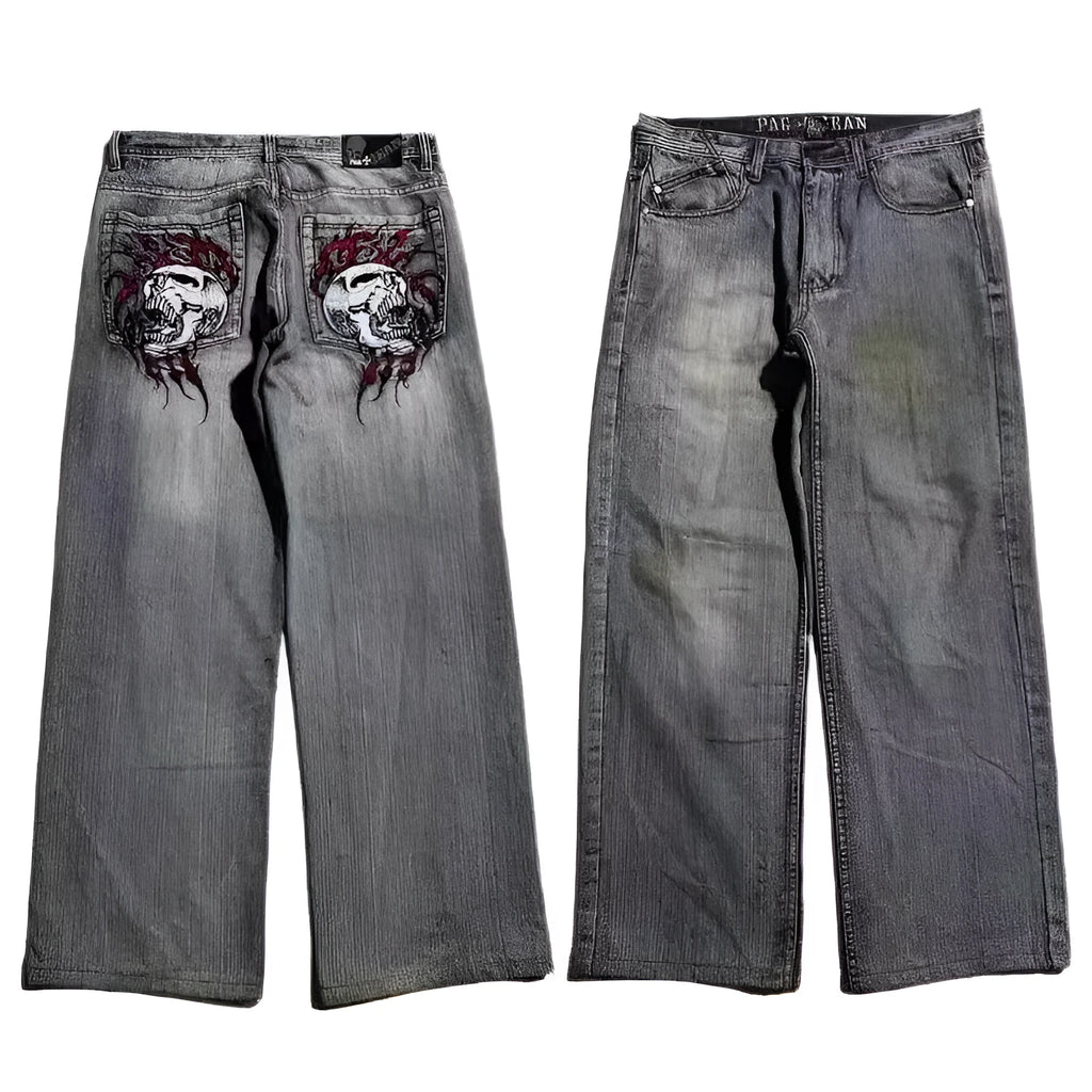 Men's grey washed-out American retro denim jeans with wide-leg workwear design and straight-leg cut