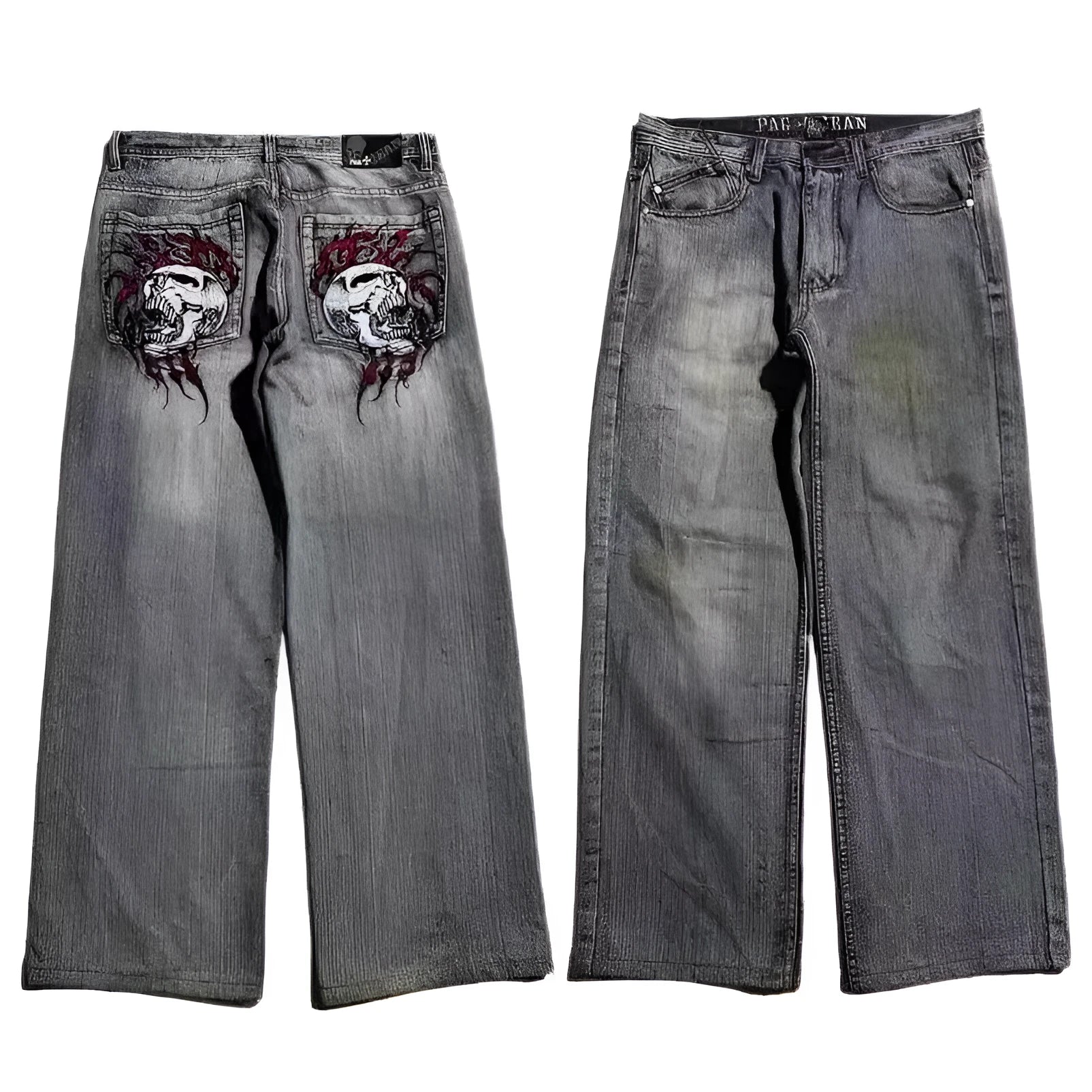 Men's grey washed-out American retro denim jeans with wide-leg workwear design and straight-leg cut