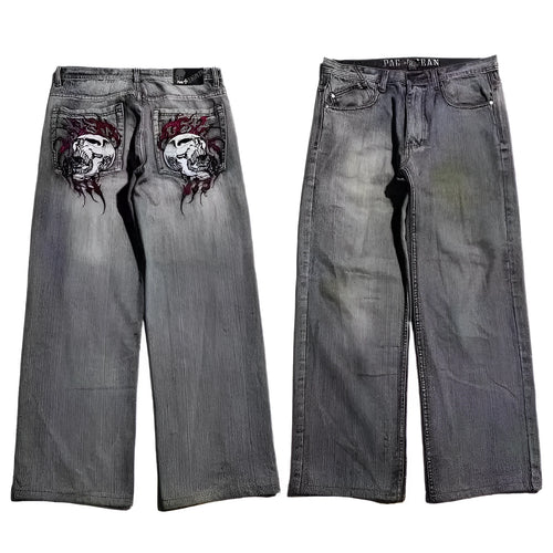 Men's grey washed-out American retro denim jeans with wide-leg workwear design and straight-leg cut