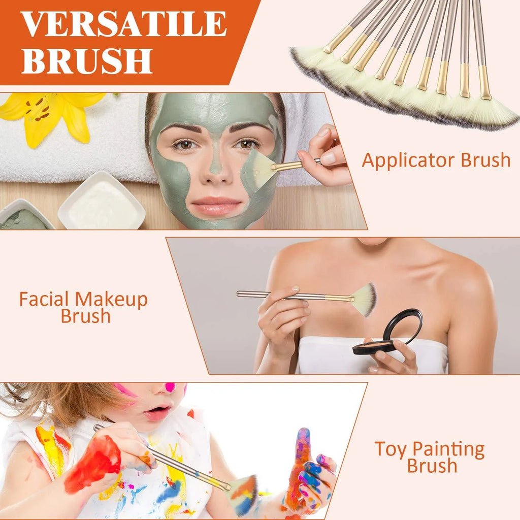 10 professional facial fan brushes with champagne handles and protective covers