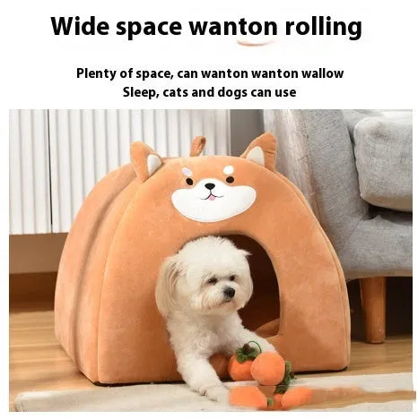 Grey soft cloth nest-style pet bed for cats and small dogs on a wooden floor.