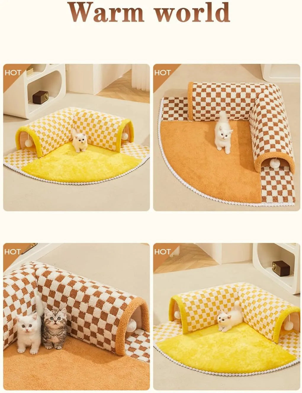 Brown plush plaid cat tunnel bed with central mat showing collapsible tube design