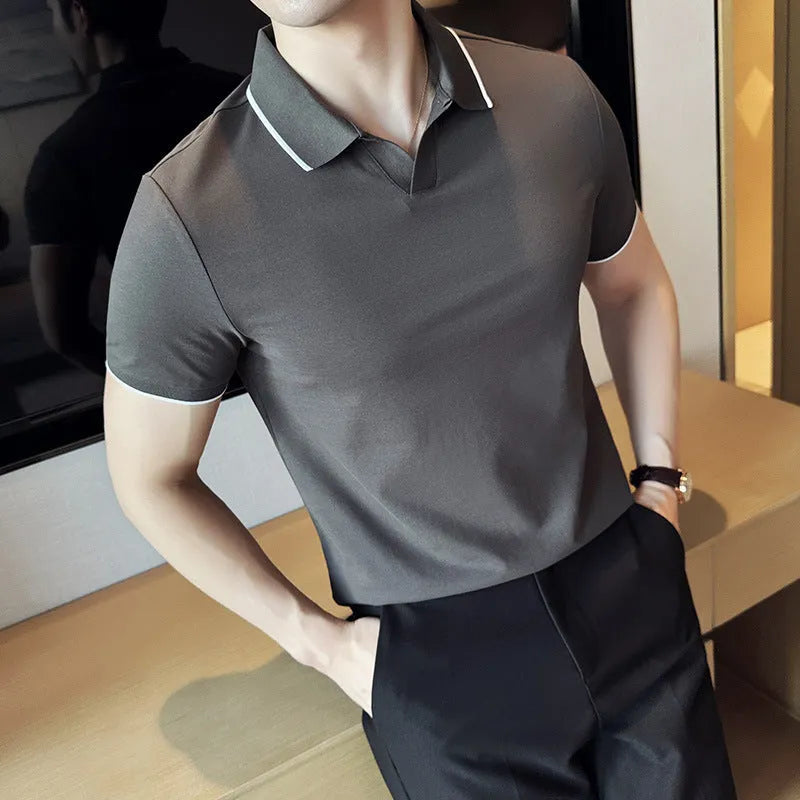 Men's short sleeve polo shirt with lapel collar in cotton blend fabric