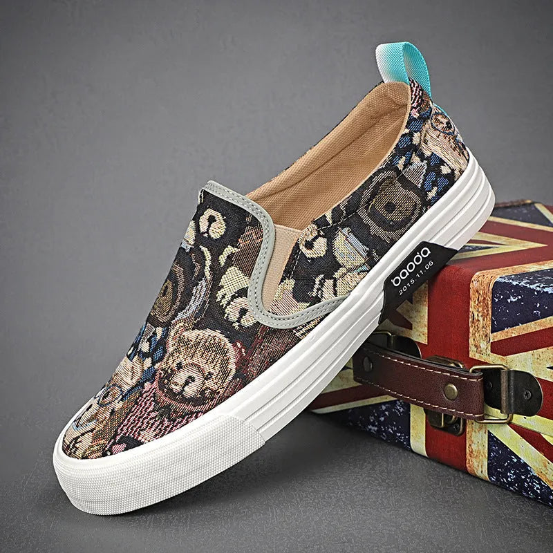 Canvas slip-on sneakers in khaki with vulcanised rubber sole and breathable mesh lining