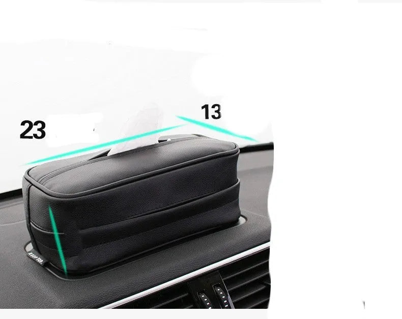Black PU leather car hanging organiser bag with paper insert for storing documents.