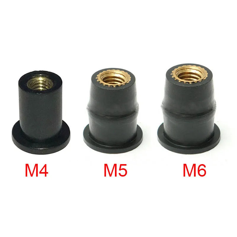 Pack of ten black brass expansion rubber well nut fasteners for motorcycle bodywork in M4, M5, and M6 sizes.