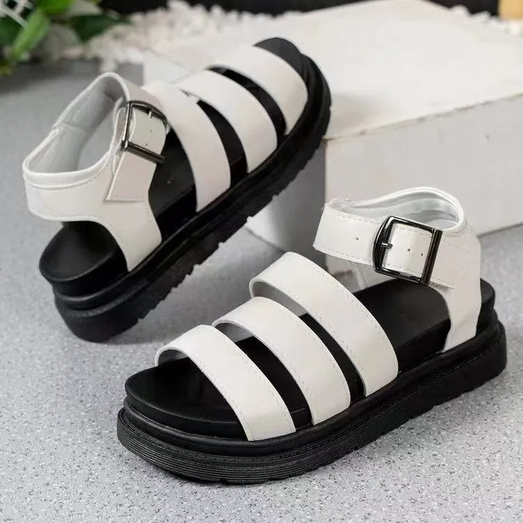 Adjustable strap buckle beach sandals with thick rubber sole and round toe design in black colour