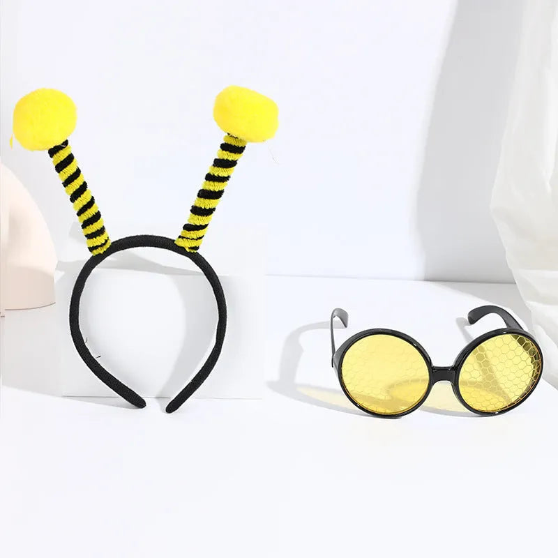 Bees party costume set with black and yellow striped headband and matching glasses