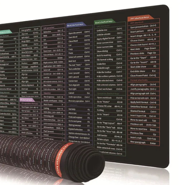 Large black office mouse mat with white printed keyboard shortcut keys layout on desk.