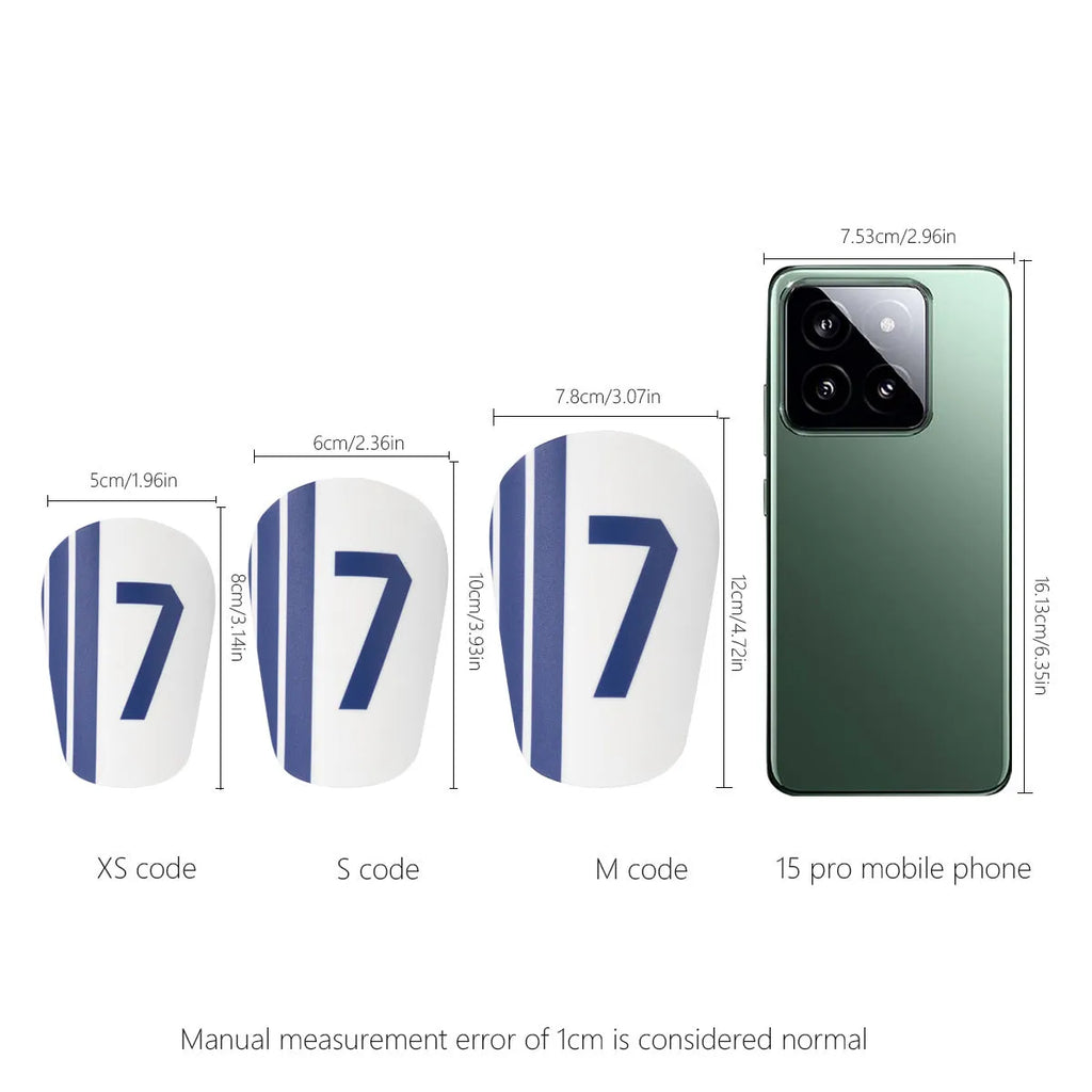 Blue and white No. 7 thickened PU football shin guards in XS, S and M sizes, one pair