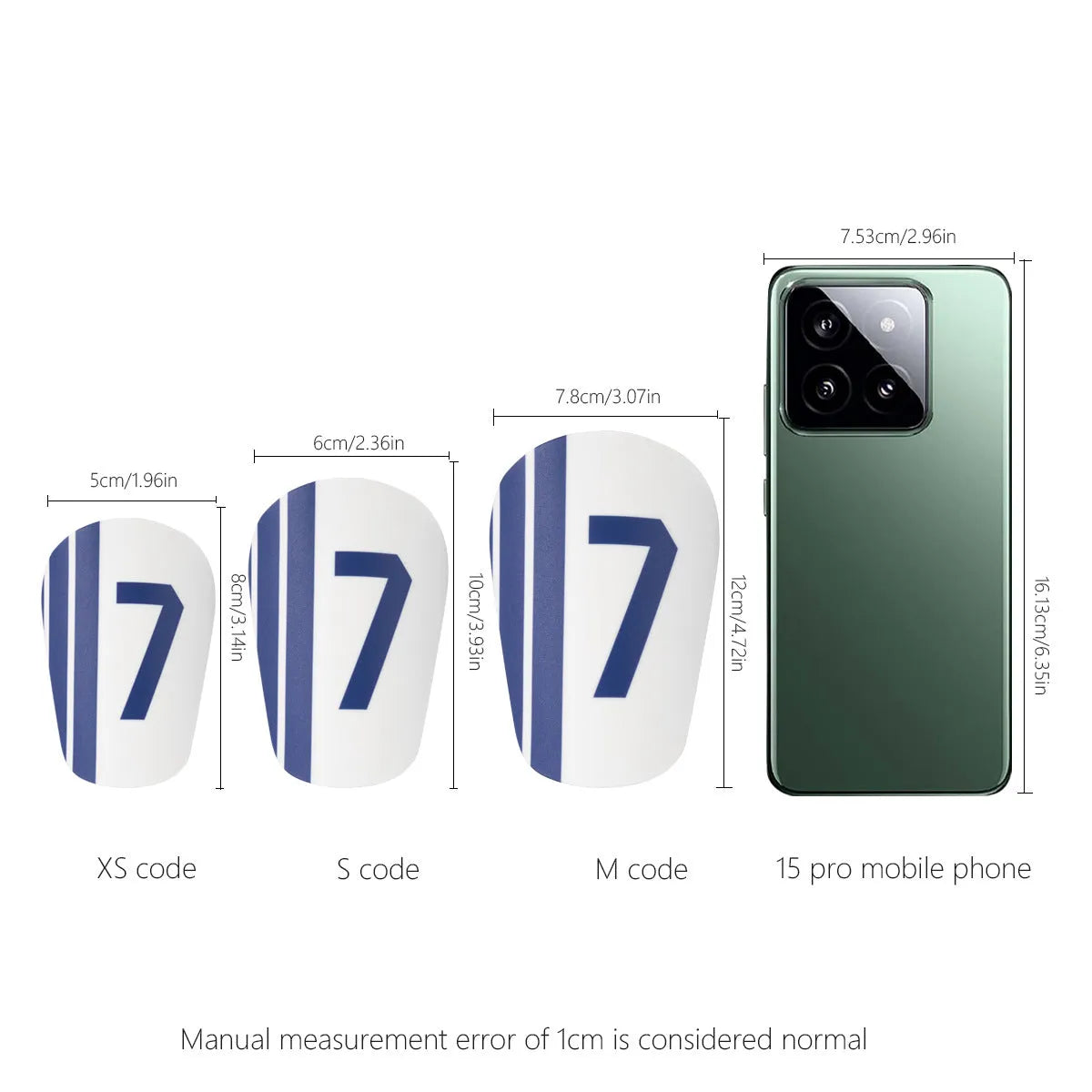 Blue and white No. 7 thickened PU football shin guards in XS, S and M sizes, one pair