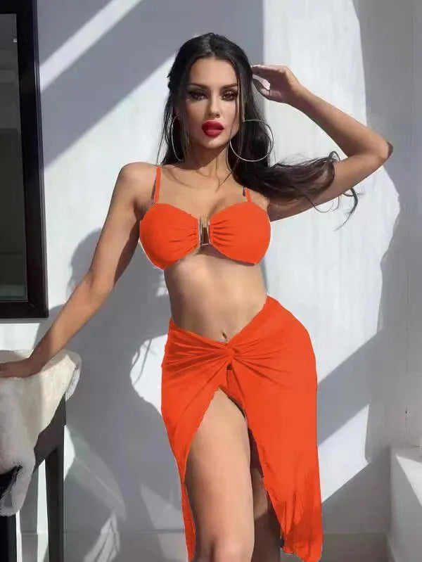 Multicolour French style bikini three-piece set with long culottes in eight colour options