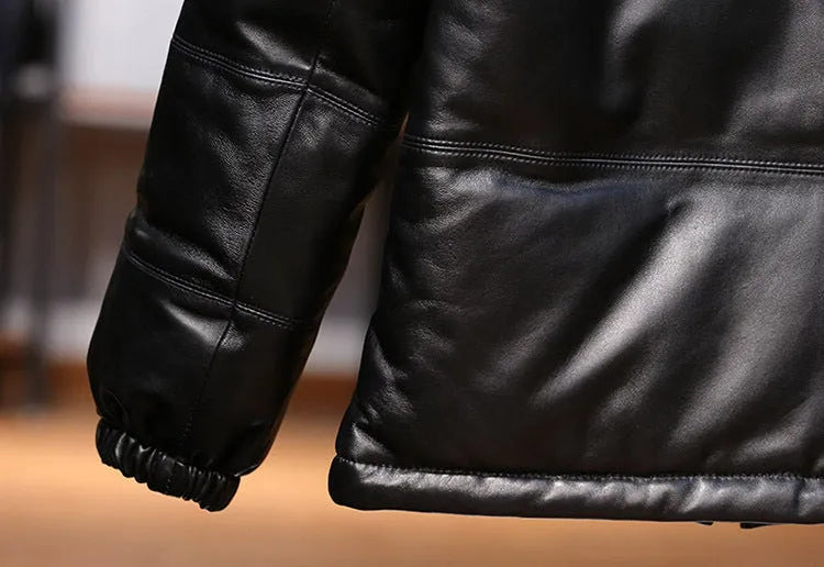 Men's black stand collar sheepskin down leather jacket with pocket decoration and white duck down filling