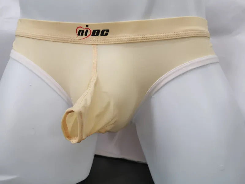 Men's ice silk bullet separation briefs in seven colours including army green, shown in mid-waist style.