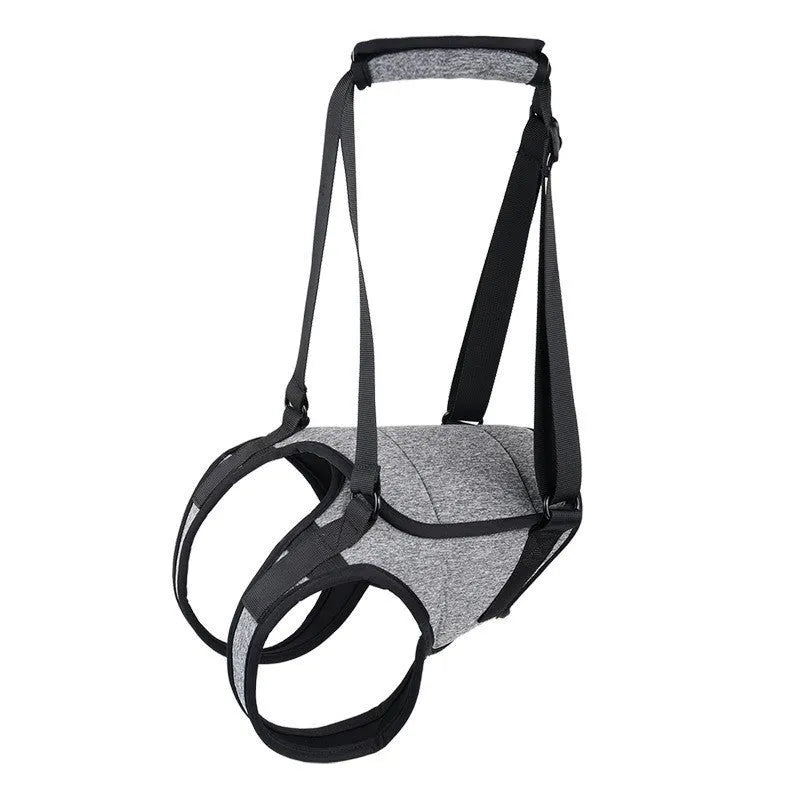 Grey neoprene dog rear leg recovery belt with adjustable waist and thigh straps shown on size chart