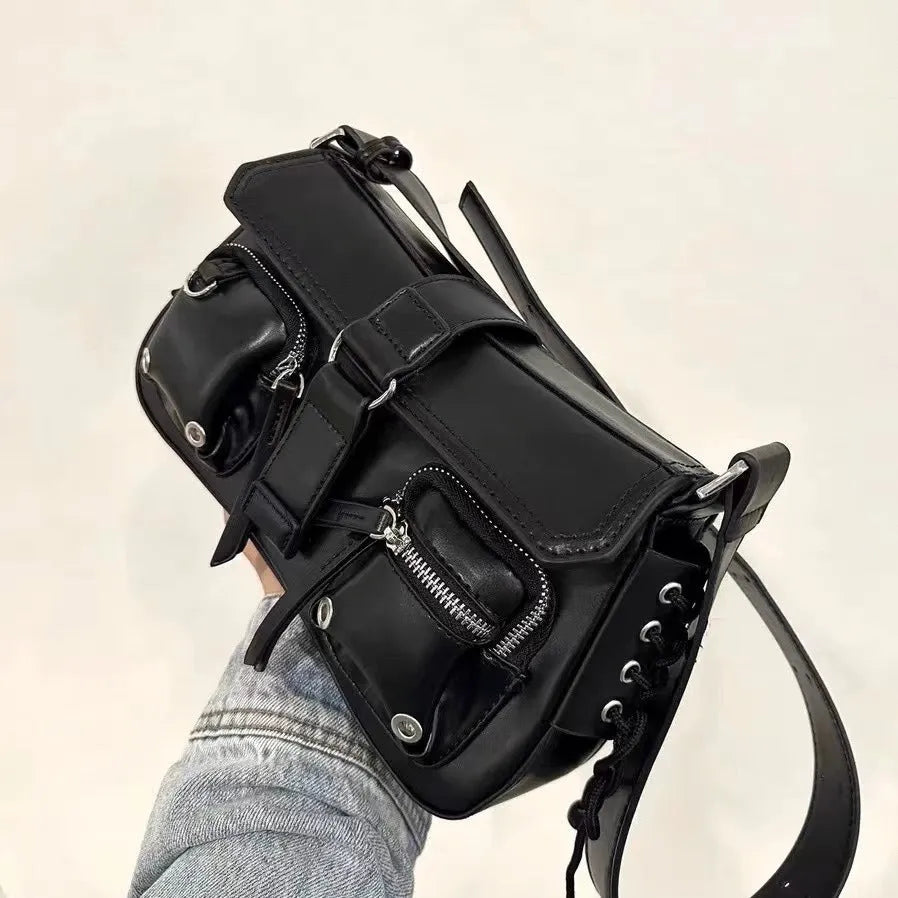 Black PU leather women's underarm baguette messenger bag with adjustable shoulder strap