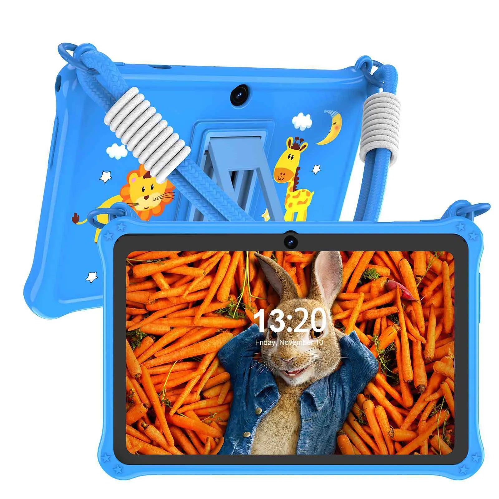 7-inch children's silicone tablet case with flat strap in sapphire blue or dark pink colours