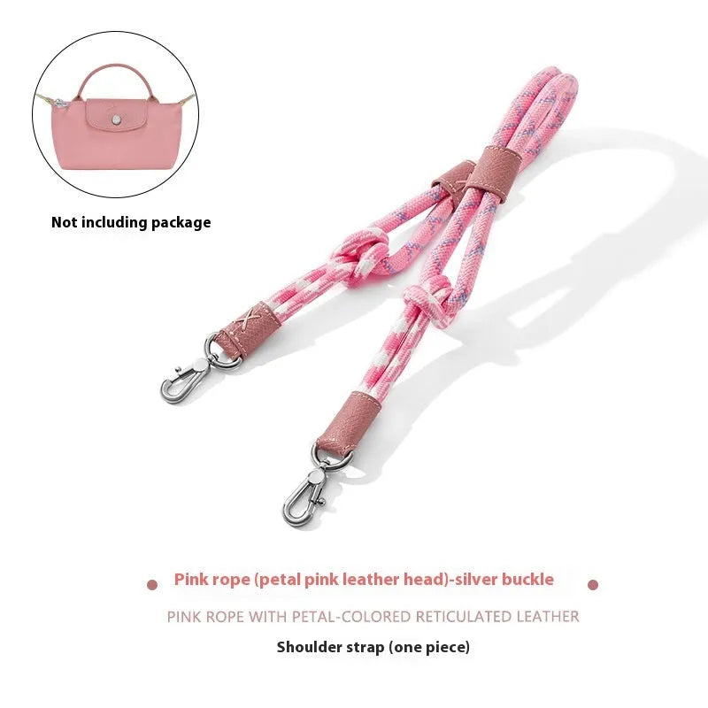 Braided nylon rope shoulder strap with cowhide leather accents and an alloy buckle.