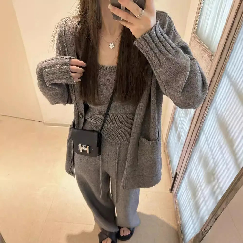 Women's wool blend cardigan suspender pants three-piece set in loose casual style