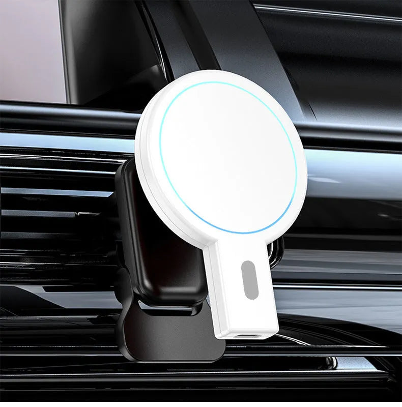 White and black mobile magnetic wireless charger with compact dimensions and charging cable