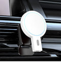 White and black mobile magnetic wireless charger with compact dimensions and charging cable