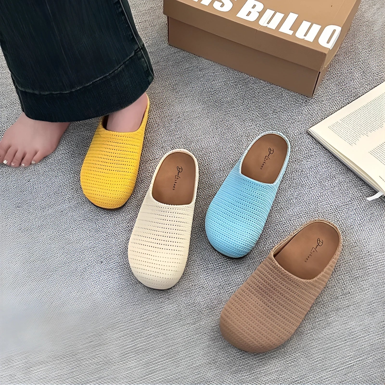 Women's baotou boken slippers in beige with a cloth upper and non-slip rubber sole.