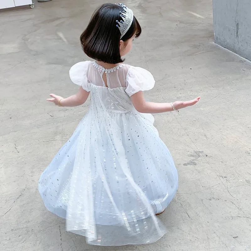 Girls Princess Elsa gradient dress with cotton lining, short sleeves, A-line skirt, colours include gradient Elsa and silver cloak