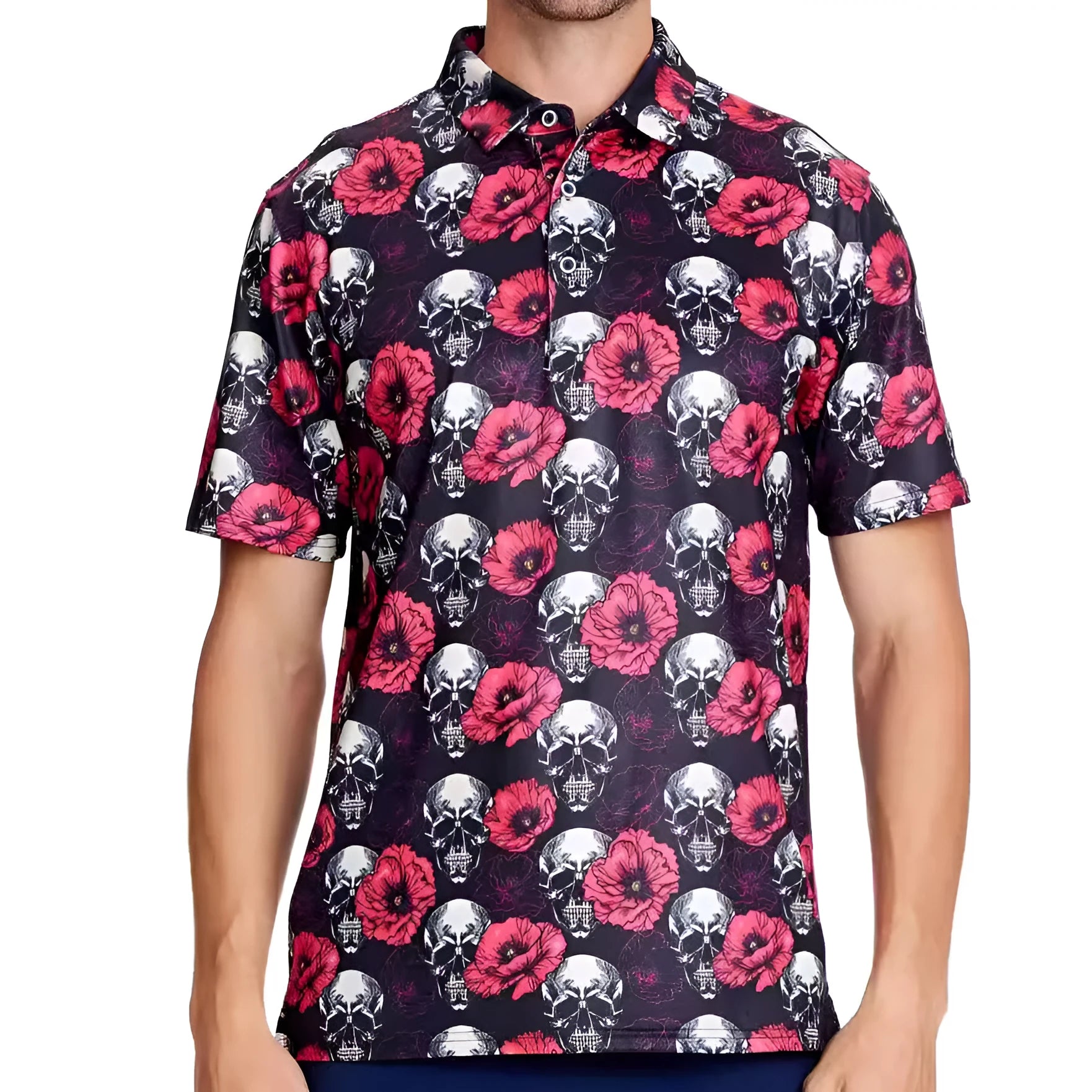 Men's short sleeve T-shirt with 3D printed patterns and zipper details on mesh fabric.