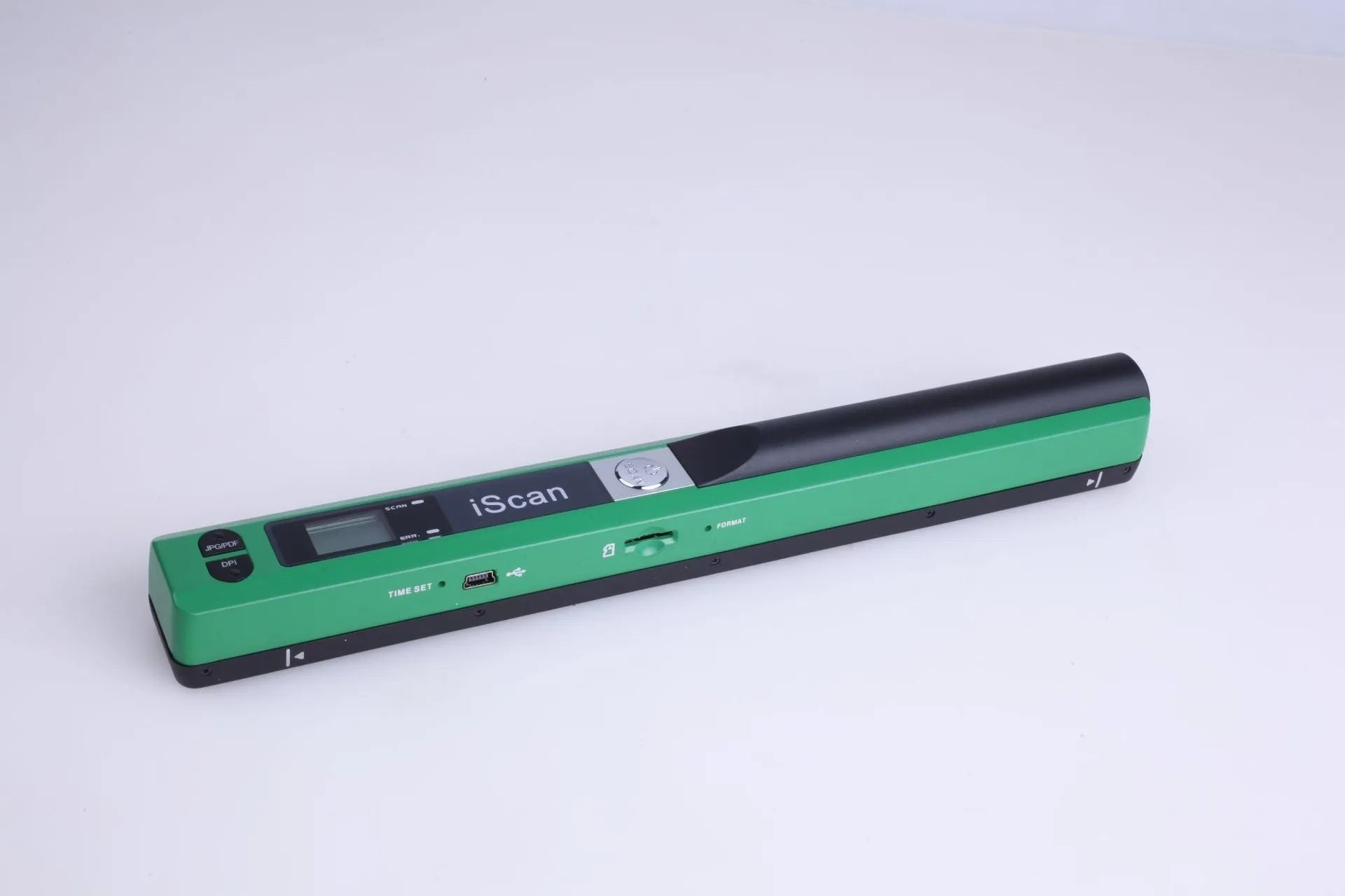 A handheld barcode scanner in plastic construction shown in five colour options: black, blue, green, red, and silver.