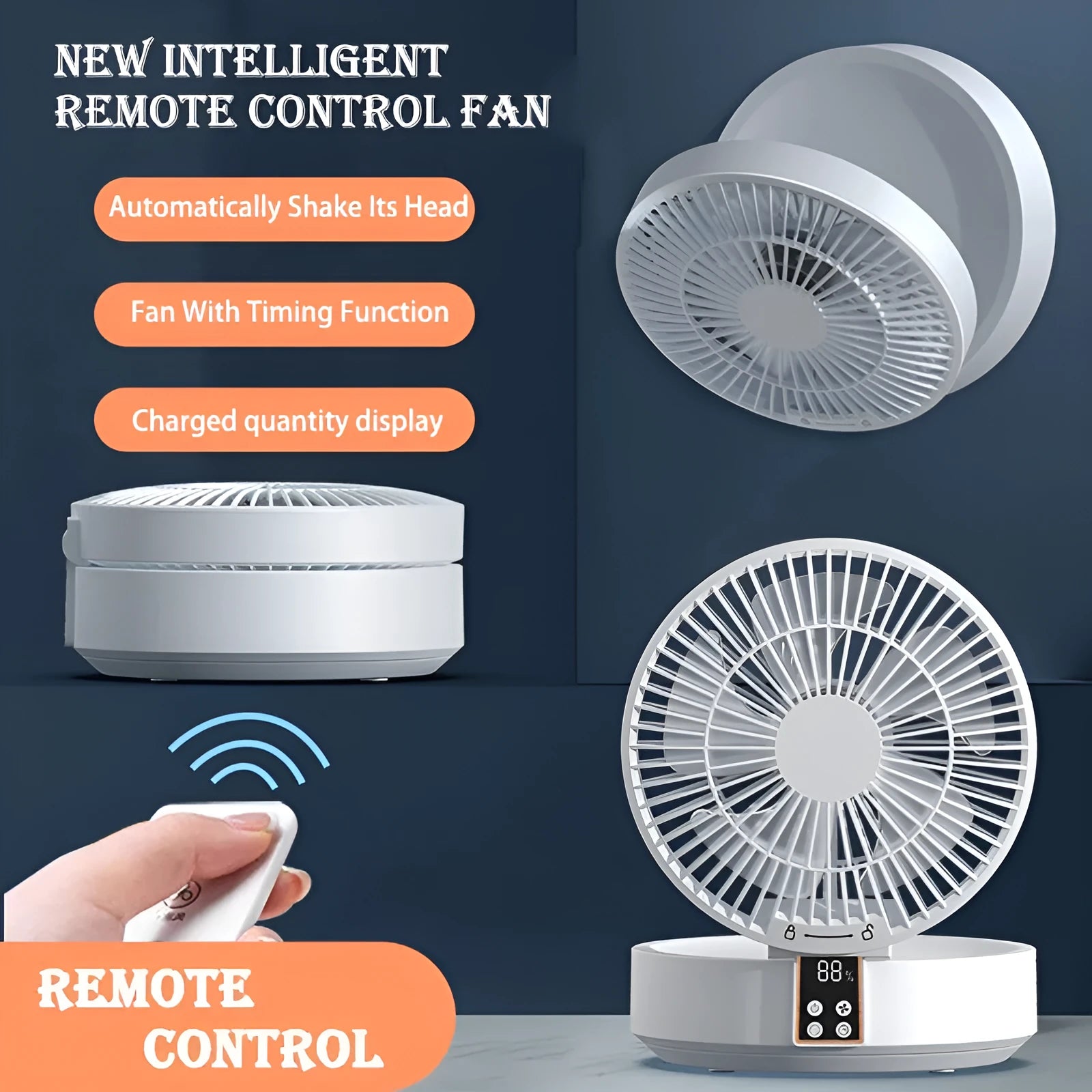 White portable folding fan with remote control, night light, and USB charging cable