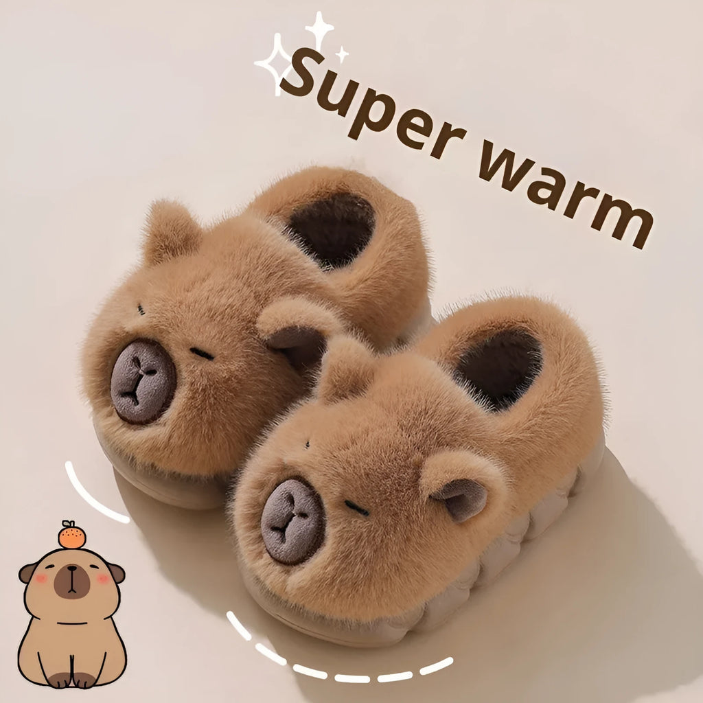 Kappabala children's winter cotton heel house slippers in light coffee colour with cartoon pattern and EVA sole