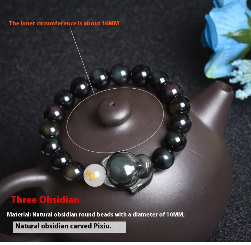 Natural obsidian bracelet with zodiac charm in gold, silver, or black stone styles.