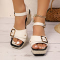 Chunky heel sandals with metal buckle closure and square toe design