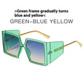 Large square frame sunglasses with UV400 lenses in seven colour options on a wooden surface.