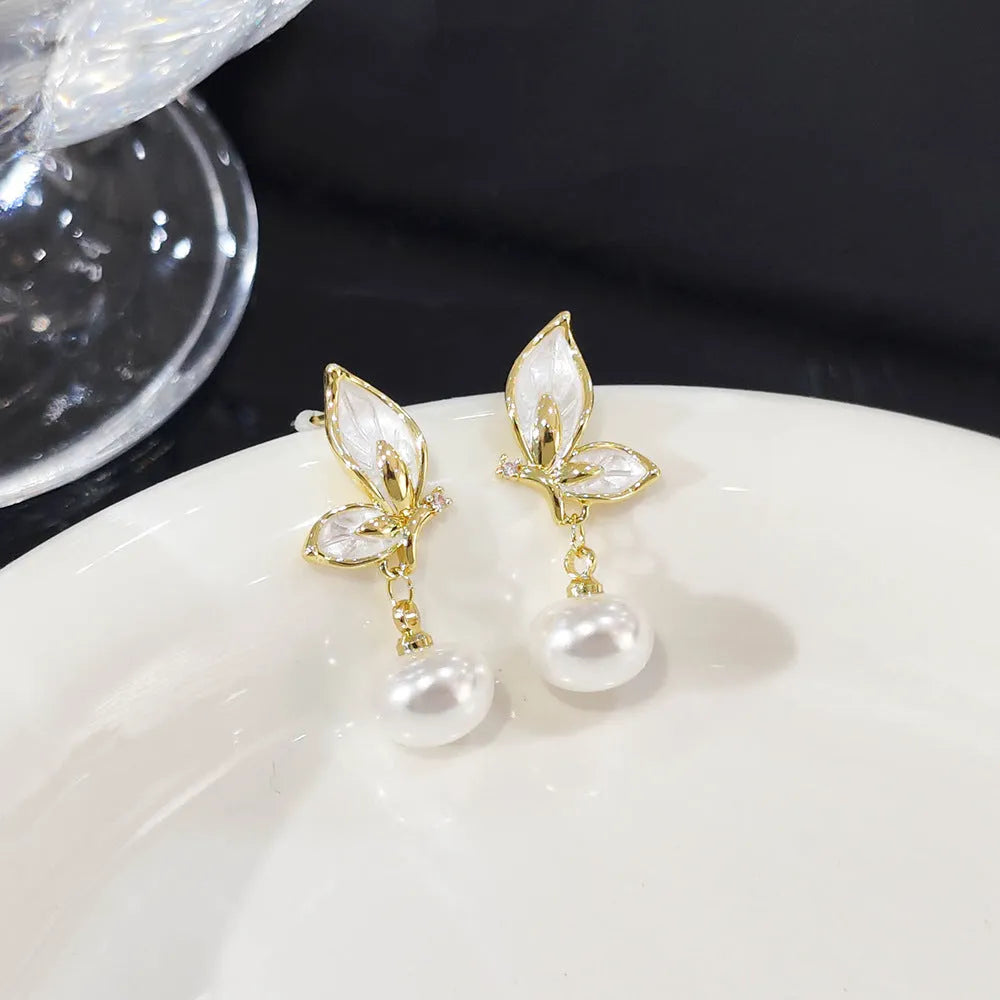 Copper butterfly drop earrings with electroplated finish and zircon painting detail for women
