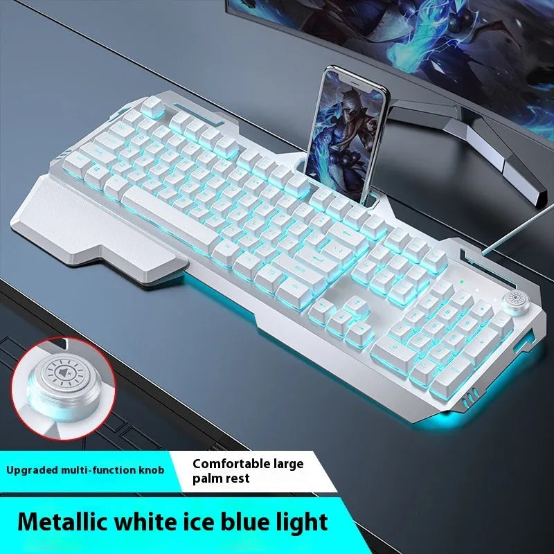 Aluminium alloy mechanical keyboard with backlit keys in gaming dimensions with optional mouse and headset