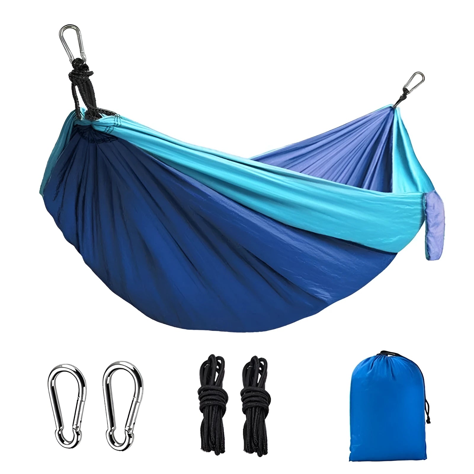 Blue parachute nylon camping hammock hung between two trees, showing its full 270cm length and attachment carabiners.