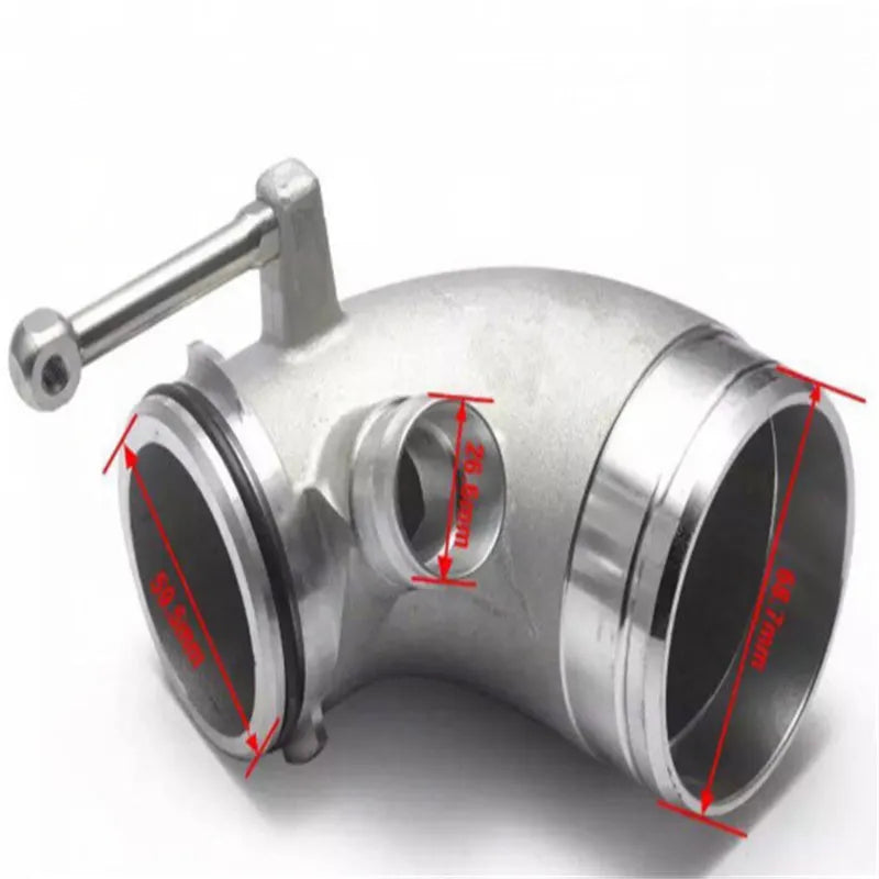 Aluminium alloy turbocharger pipe elbow with a 90-degree bend for lateral engine applications