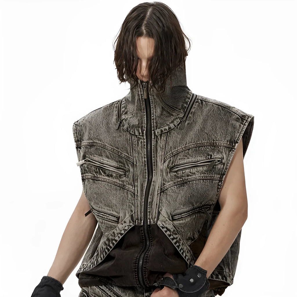 Men's denim vest jacket with front zip and sleeveless design in youth pop style
