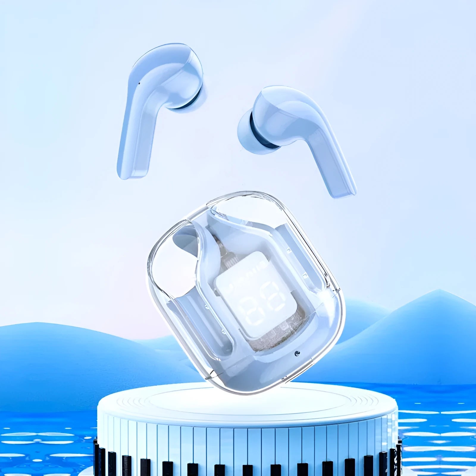 Transparent space capsule case true wireless Bluetooth earphones showing digital display screen