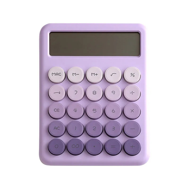 Gradient colour desktop calculator in violet, pink, blue, and green shades on a desk.
