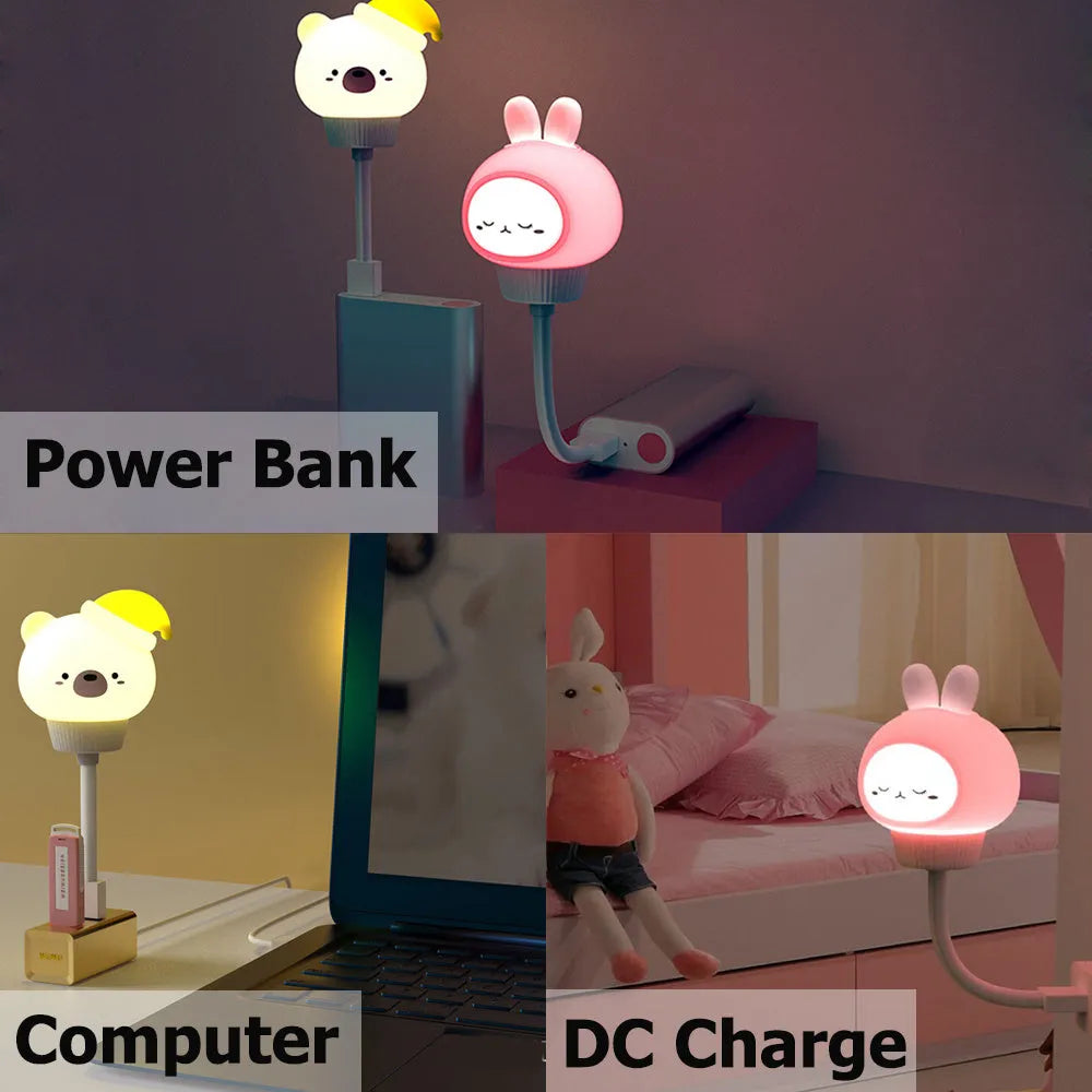 Cute cartoon animal USB night light in bear shape with remote control on a bedside table.