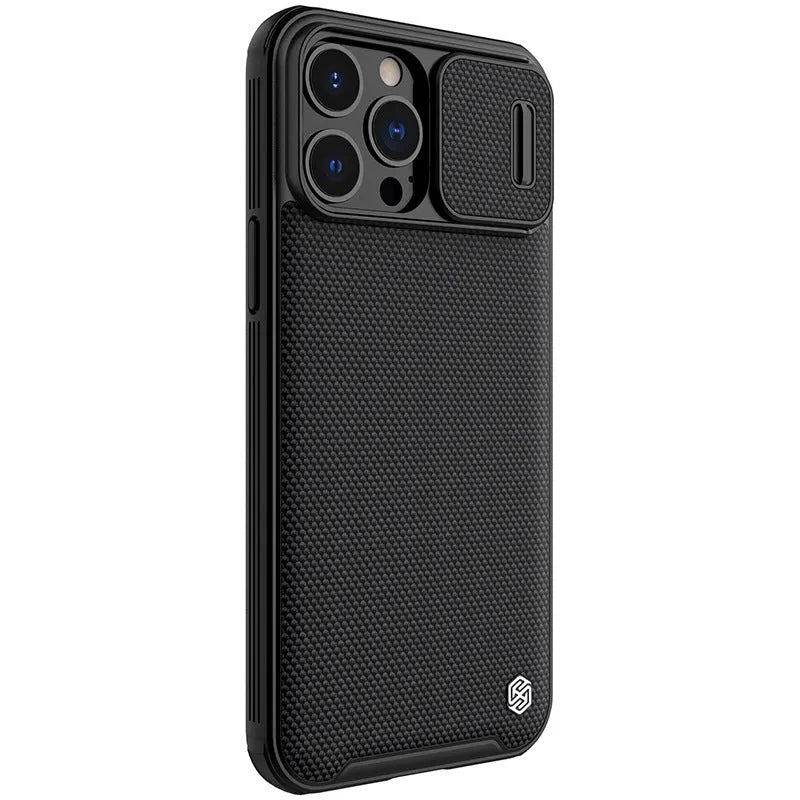 Black textured sliding back cover protective case for iPhone 13 Pro Max, made from PC and TPU.