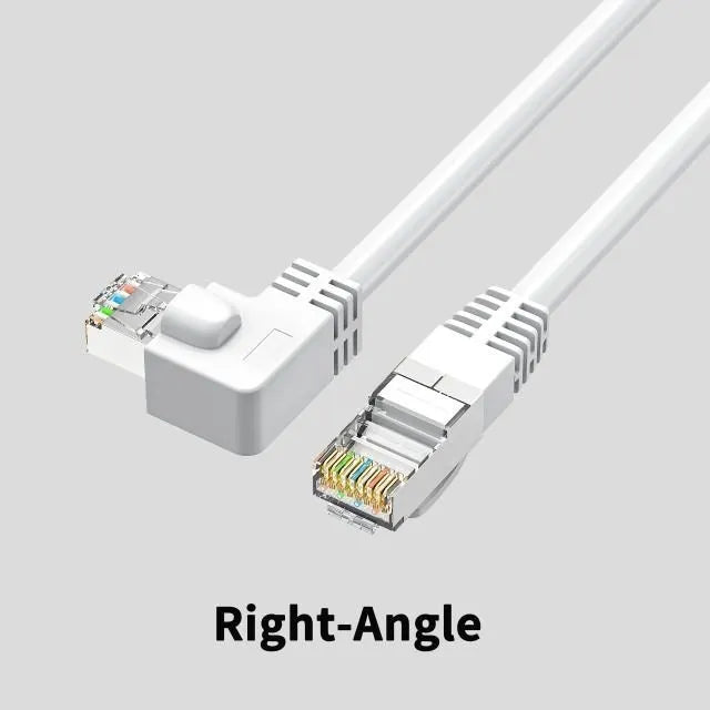 Cat6 Ethernet cable with right-angle metal RJ45 connector in black, available in multiple lengths