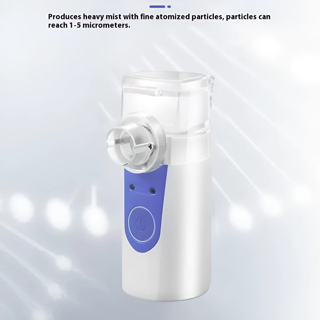 White columnar handheld USB nebuliser spray machine on a table with data cable.