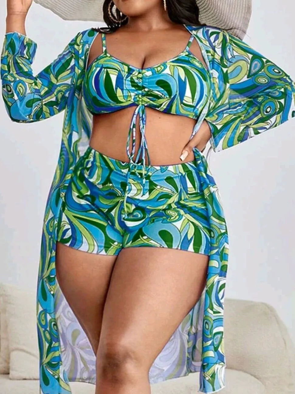 Women's floral bikini three-piece set with bra shorts and cardigan in picture colour