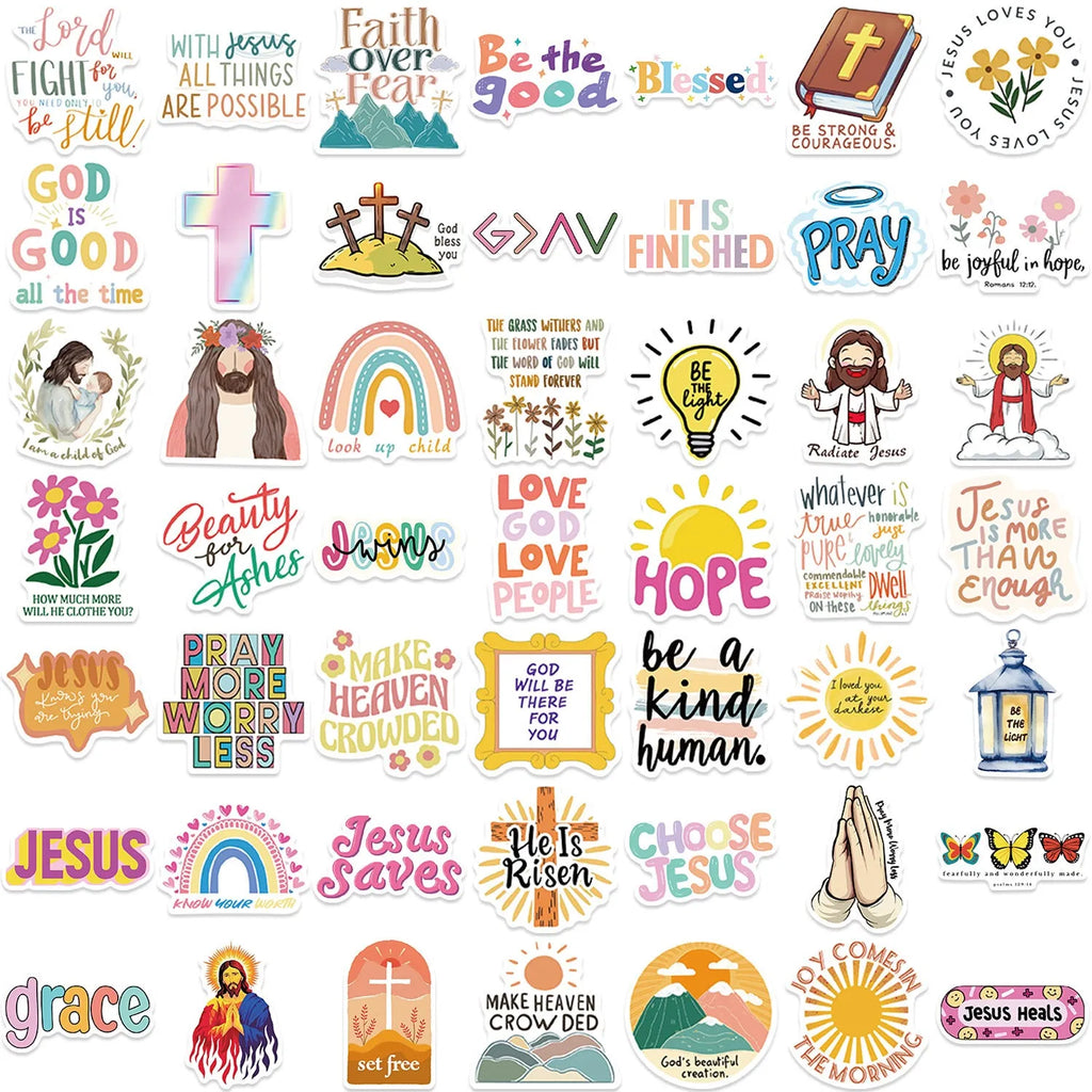 Assortment of colourful graffiti stickers on a white background, showing random street art designs.